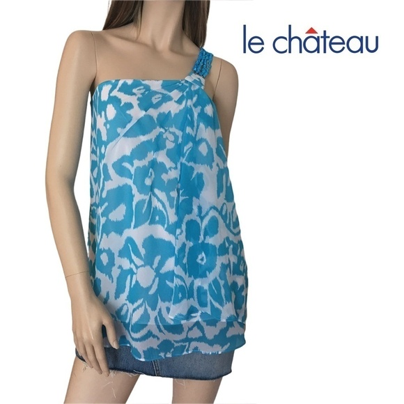 LE Chateau Flowy Chiffon One Shoulder Blouse with simulated turquoise stone - Picture 1 of 12